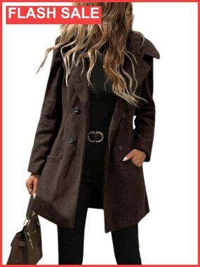 Women's Double Breasted Hooded Wool Pea Coat Slim Fit Notch Collar Winter Trench